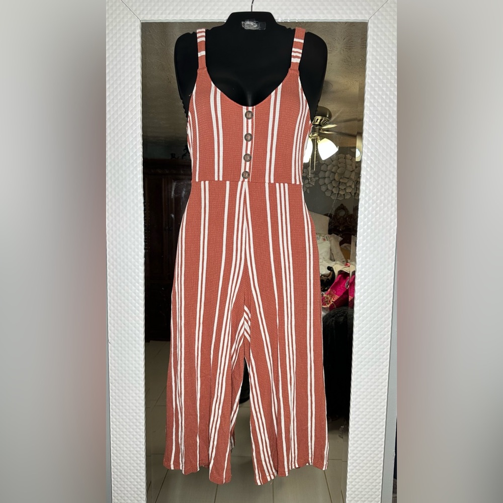 Striped Rust and White Wide-Leg Jumpsuit